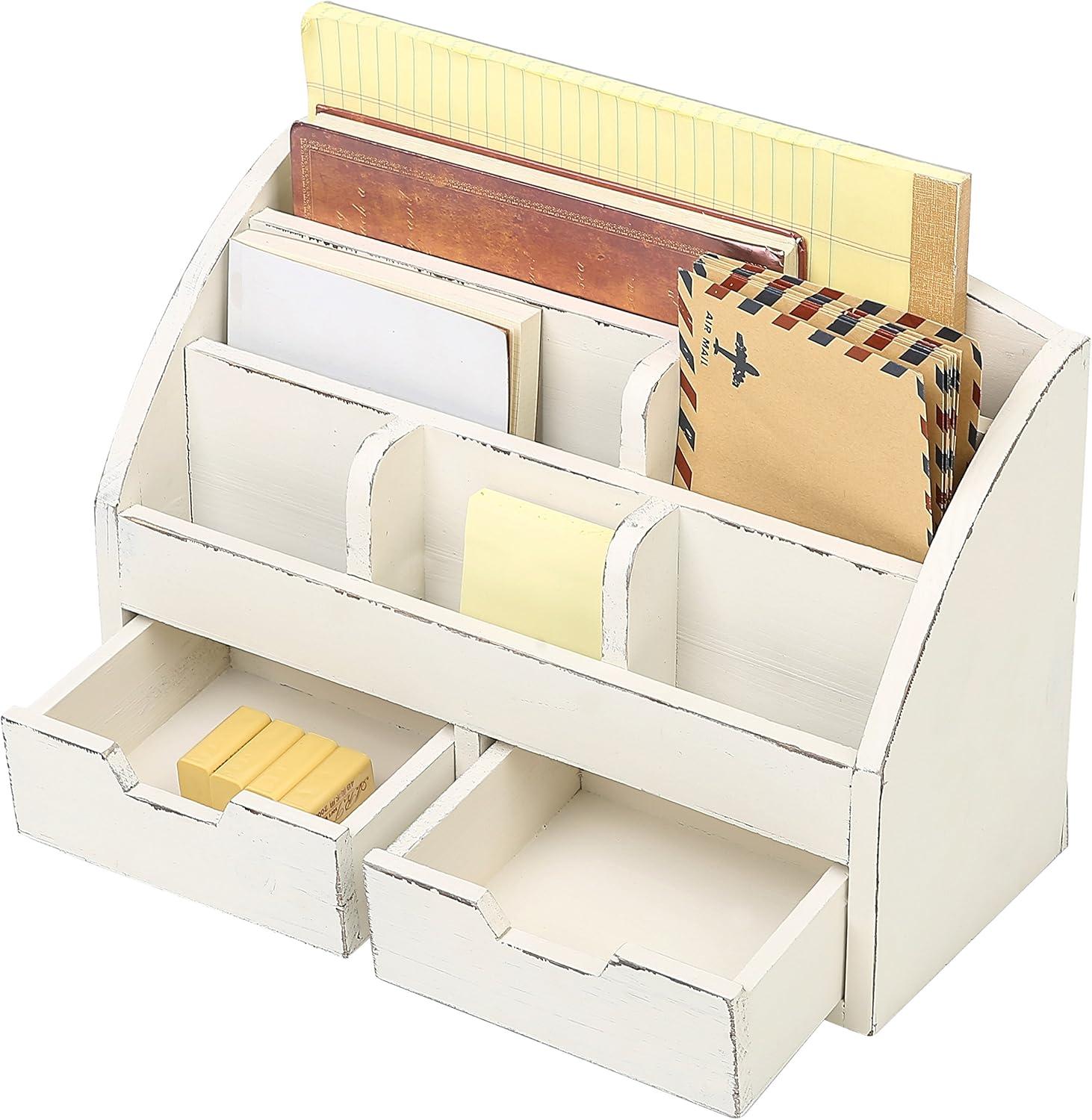 imageMyGift White Wood Desktop Organizer Includes 6 Compartments and 2 Pullout Drawers to Organize Office Supplies and Accessories