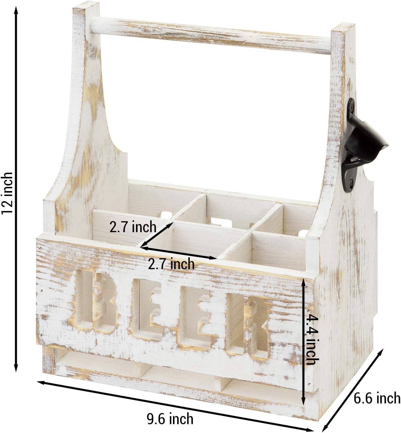 imageMyGift Whitewashed Wood Beer Caddy with Bottle Opener Six Pack Beverage Holder with BEER in Cutout Style Lettering and Carrying Handle