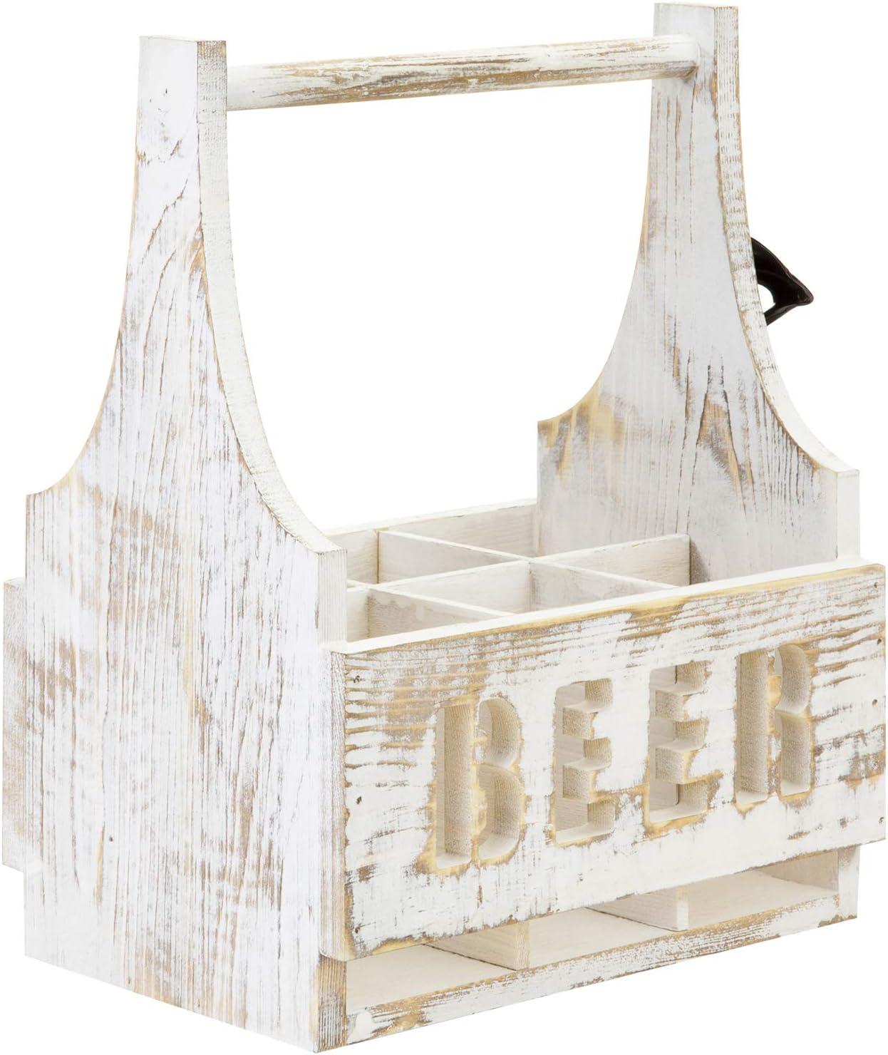 imageMyGift Whitewashed Wood Beer Caddy with Bottle Opener Six Pack Beverage Holder with BEER in Cutout Style Lettering and Carrying Handle
