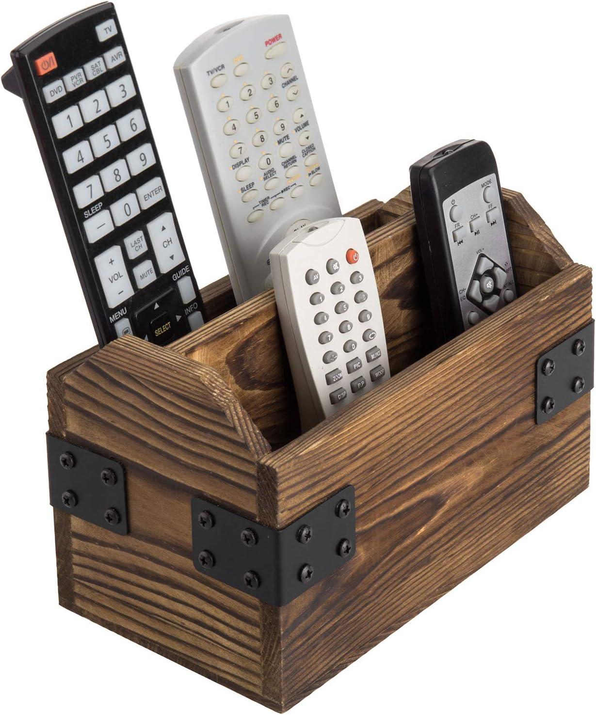 imageMyGift Whitewashed Wood Remote Control Holder Organizer with 4 Compartments Media Storage Caddy with Cursive REMOTES DesignBurnt Wood