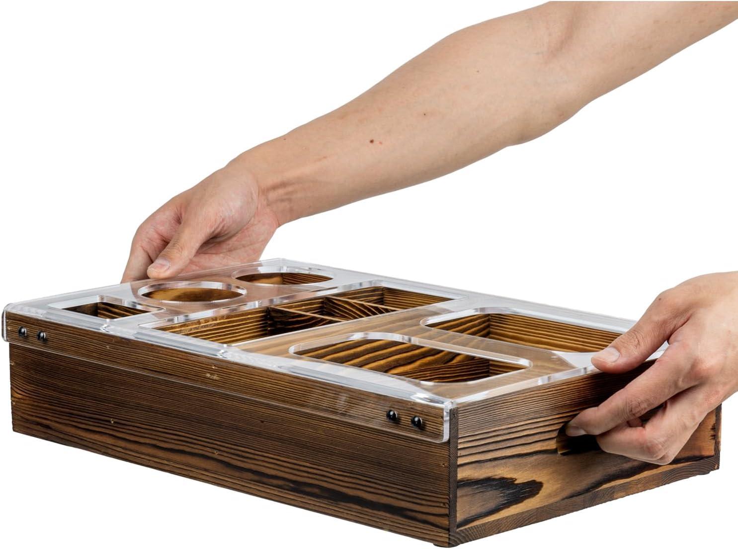 imageMyGift Whitewashed Wood Remote Control Holder Organizer with 4 Compartments Media Storage Caddy with Cursive REMOTES DesignClear Acrylic