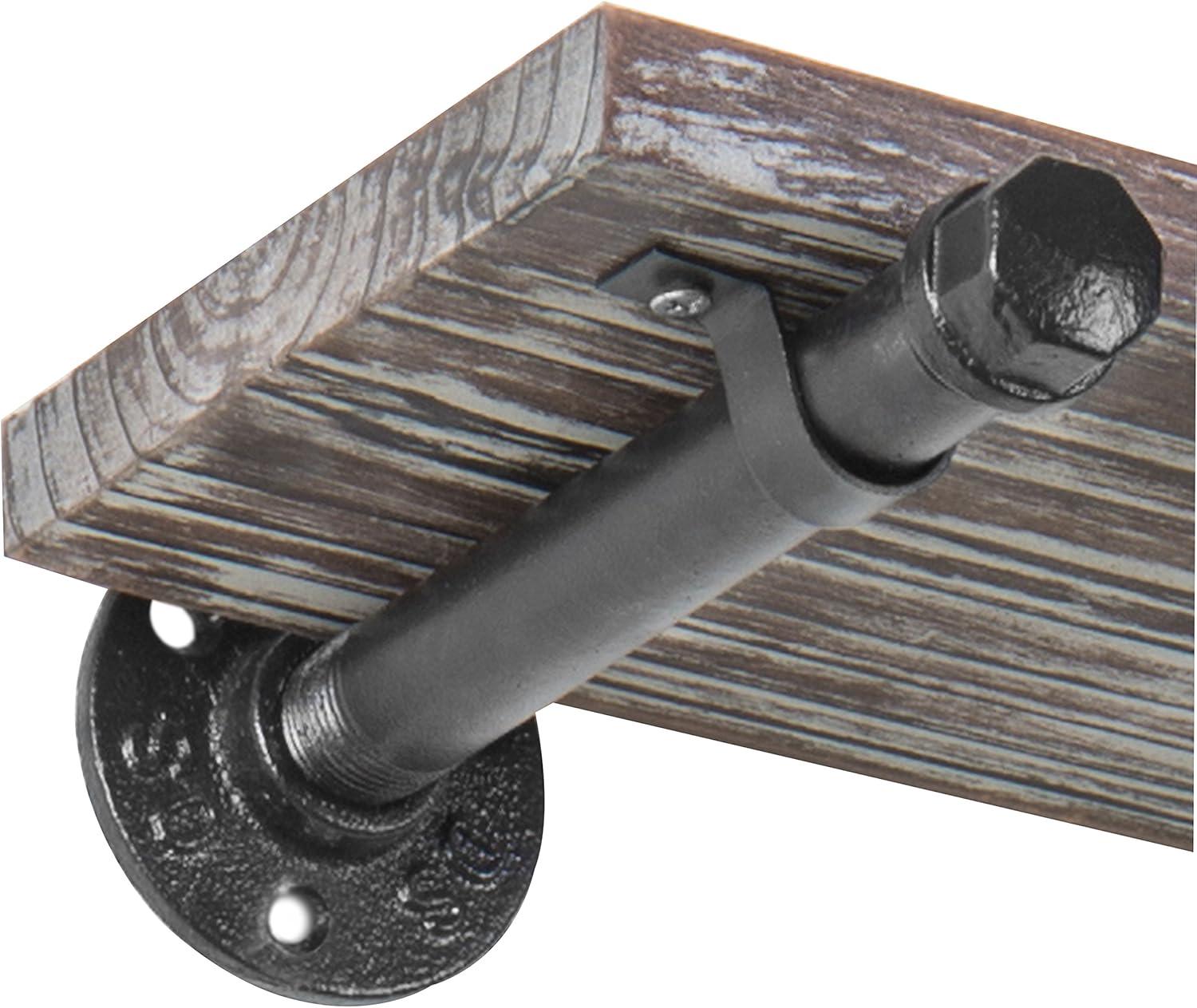 imageMyGift Wood Floating Shelves Torched Wood Wall Shelf for Bedroom with Industrial Metal Pipe Brackets Set of 3