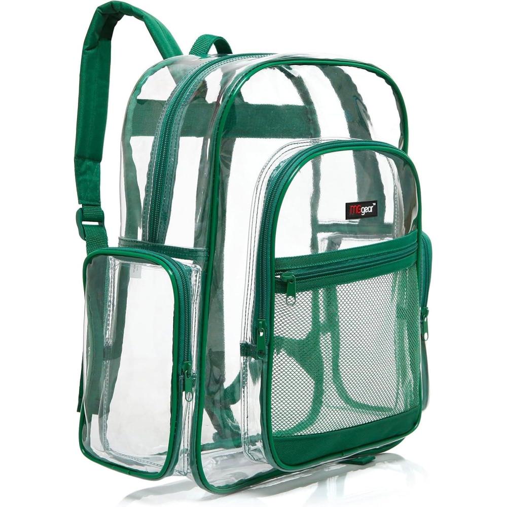 image17 Inch Clear PVC Backpack with Green Trim and 5 Zipper Compartments Transparent School Bookbag for Boys Girls Travel or Work Bag for Men WomenGreen