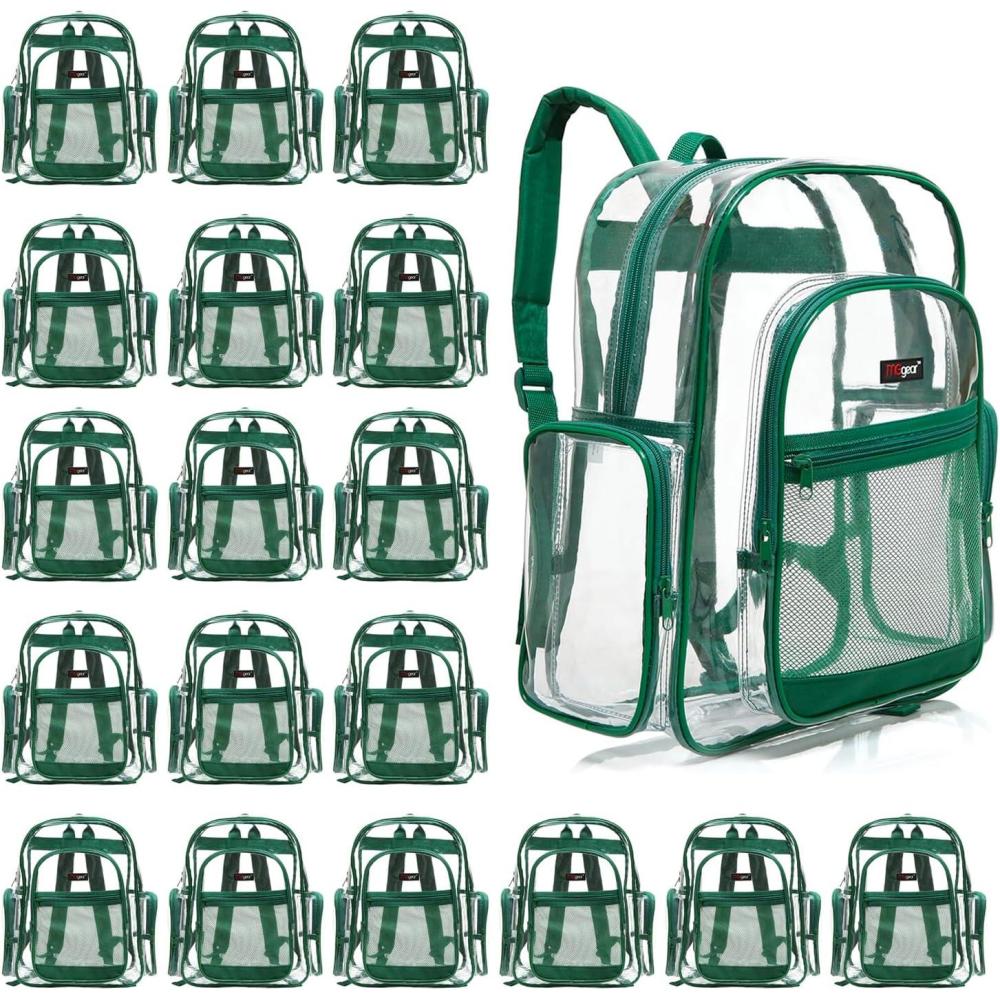 image17 Inch Clear PVC Backpack with Green Trim and 5 Zipper Compartments Transparent School Bookbag for Boys Girls Travel or Work Bag for Men WomenGreen Pack of 20