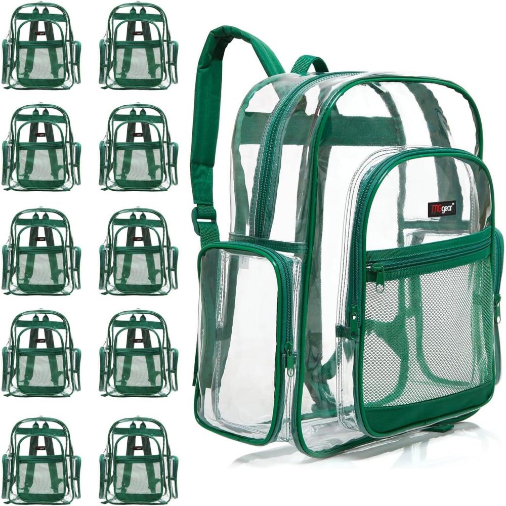 image17 Inch Clear PVC Backpack with Green Trim and 5 Zipper Compartments Transparent School Bookbag for Boys Girls Travel or Work Bag for Men WomenGreen Set of 10