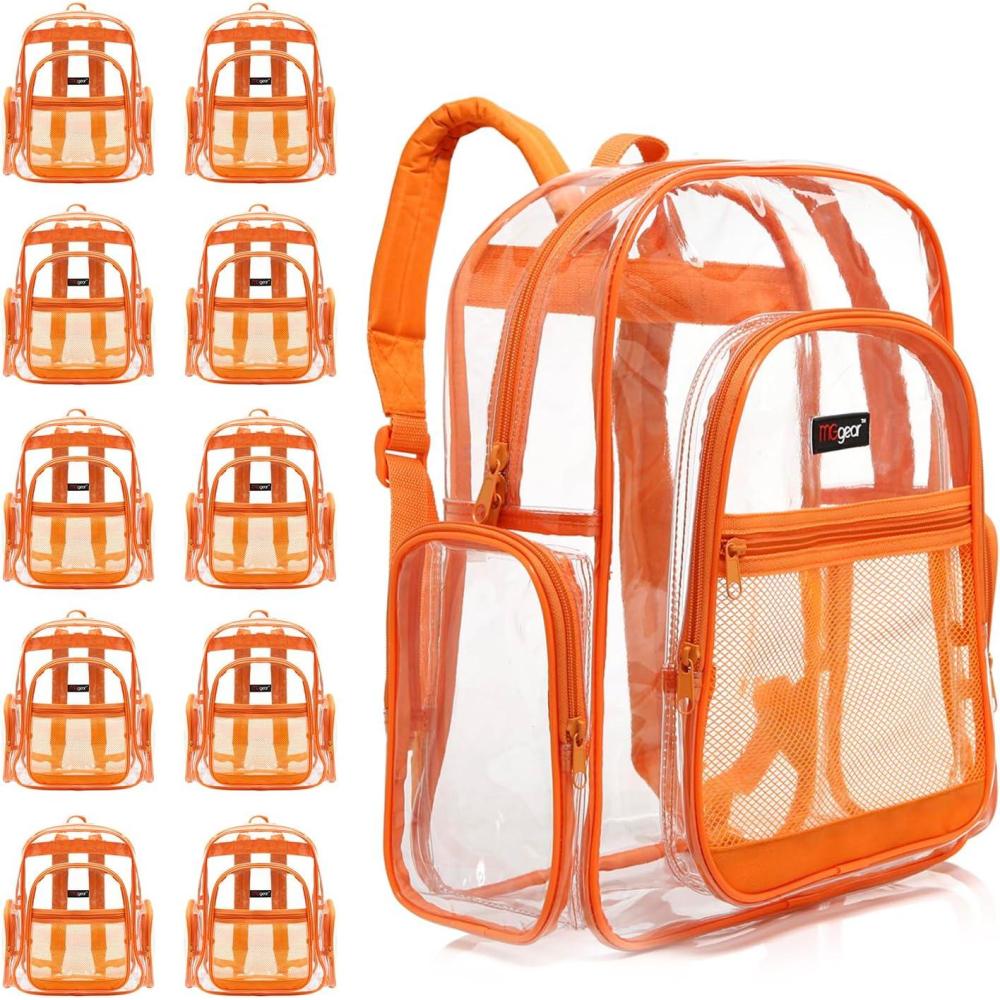 image17 Inch Clear PVC Backpack with Green Trim and 5 Zipper Compartments Transparent School Bookbag for Boys Girls Travel or Work Bag for Men WomenOrange Pack of 10