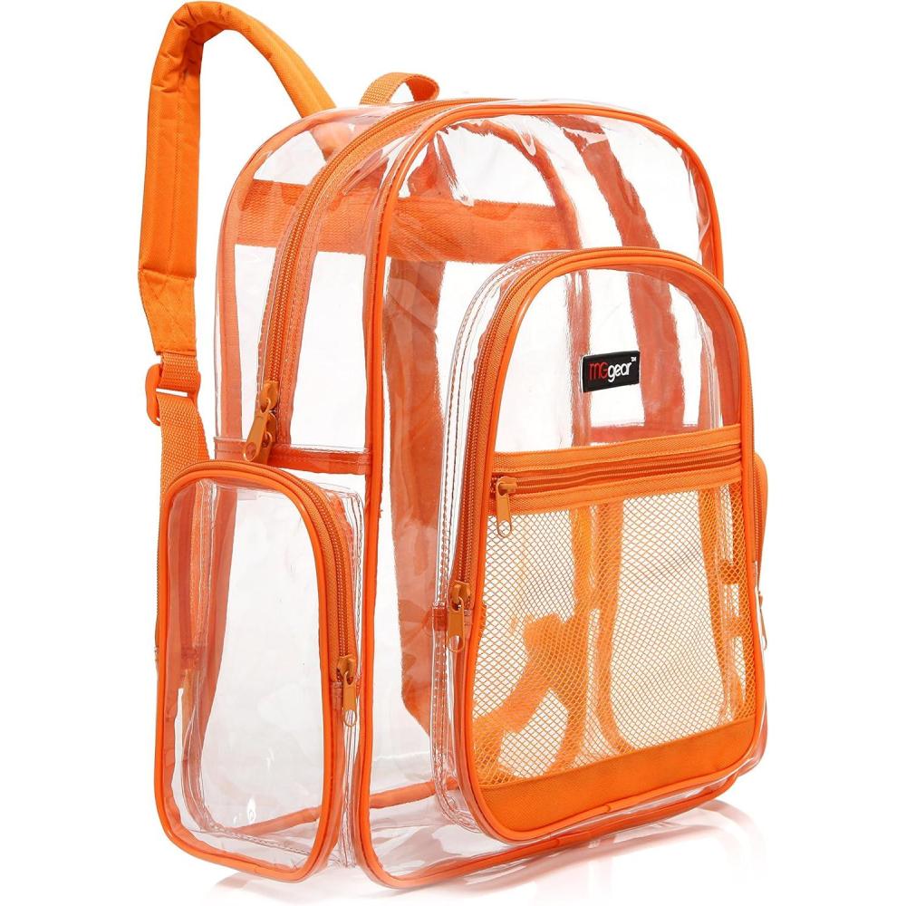 image17 Inch Clear PVC Backpack with Green Trim and 5 Zipper Compartments Transparent School Bookbag for Boys Girls Travel or Work Bag for Men WomenOrange