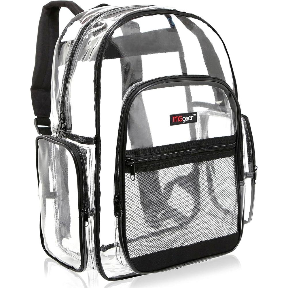 image17 Inch Clear PVC Backpack with Purple Trim and 5 Zipper Compartments Transparent School Bookbag for Boys Girls Travel or Work Bag for Men WomenBlack