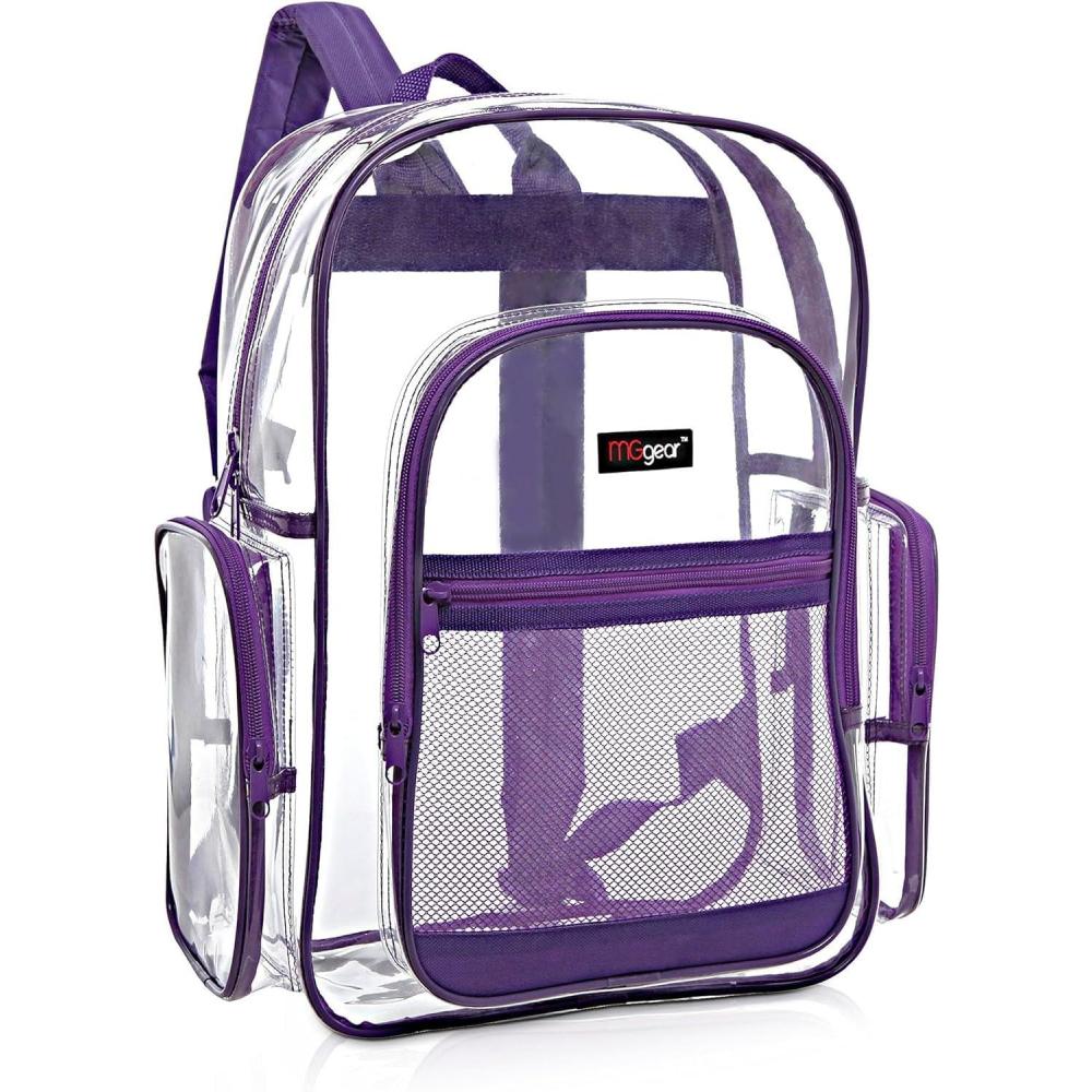 image17 Inch Clear PVC Backpack with Purple Trim and 5 Zipper Compartments Transparent School Bookbag for Boys Girls Travel or Work Bag for Men WomenPurple