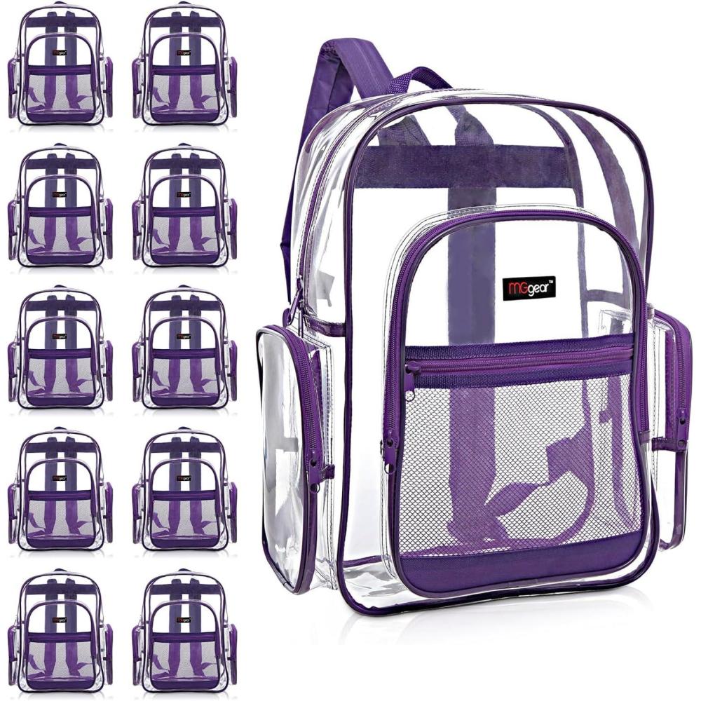 image17 Inch Clear PVC Backpack with Purple Trim and 5 Zipper Compartments Transparent School Bookbag for Boys Girls Travel or Work Bag for Men WomenPurple Set of 10