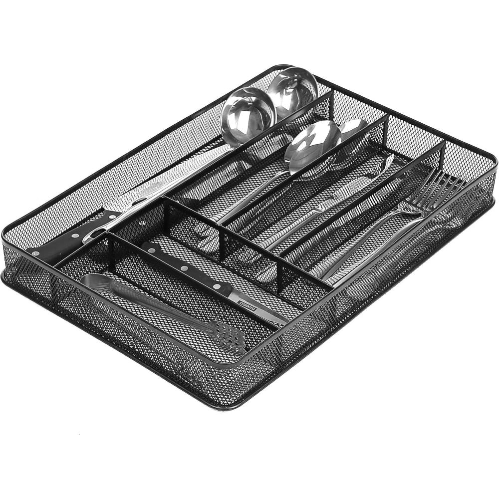 image6 Compartment Metal Mesh Kitchen Utensil Drawer Organizer Insert Cutlery Storage Tray Black