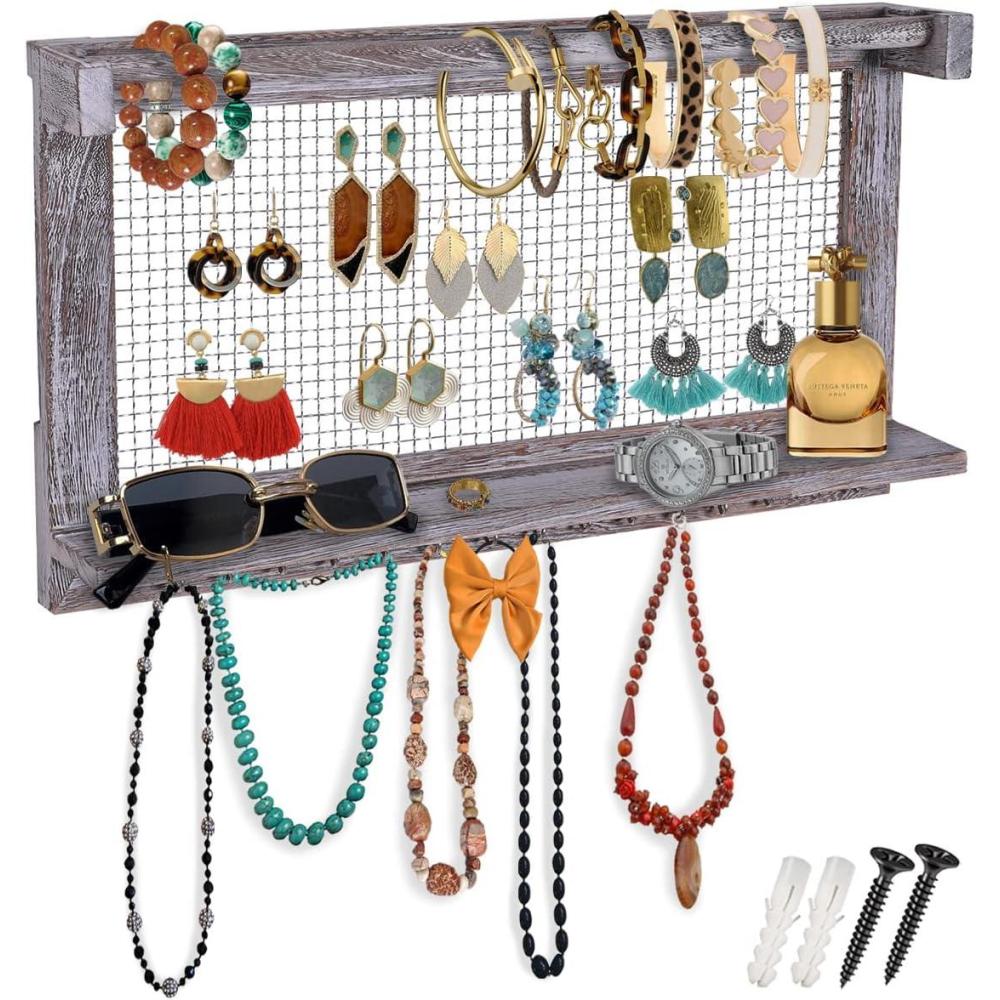 imageComfify Rustic Jewelry Organizer Wall Mounted Jewelry Holder wRemovable Bracelet Rod Shelf ampamp 16 Hooks Perfect Earrings Necklaces ampamp Bracelets Holder Rustic WhiteRustic White