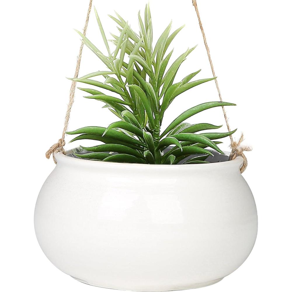 imageMediterranean Style Round White Ceramic Hanging 7 inch Planter Pot with Jute Twine String