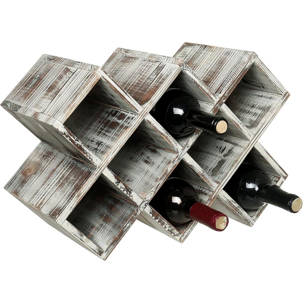 imageMyGif Brass Wine Rack for 9 Bottles Modern Metal Tabletop Holder Horizontal Storage for Kitchen Bar ampamp Dining Room Rustic Industrial Decor with Gold FinishTorched Wood
