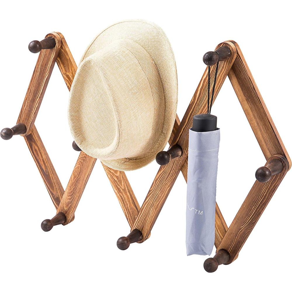 imageMyGift 10 Hook Burnt Wood Wall Mounted Expandable Accordion Peg Coat Rack Hanger for Entryway Mudroom or GarageBurnt Wood