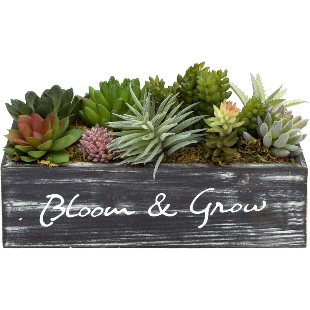 imageMyGift 10 Inch Artificial Succulent Small Fake Plant Arrangement in Rustic Brown Planter Box with Decorative Bloom ampamp Grow Cursive Writing