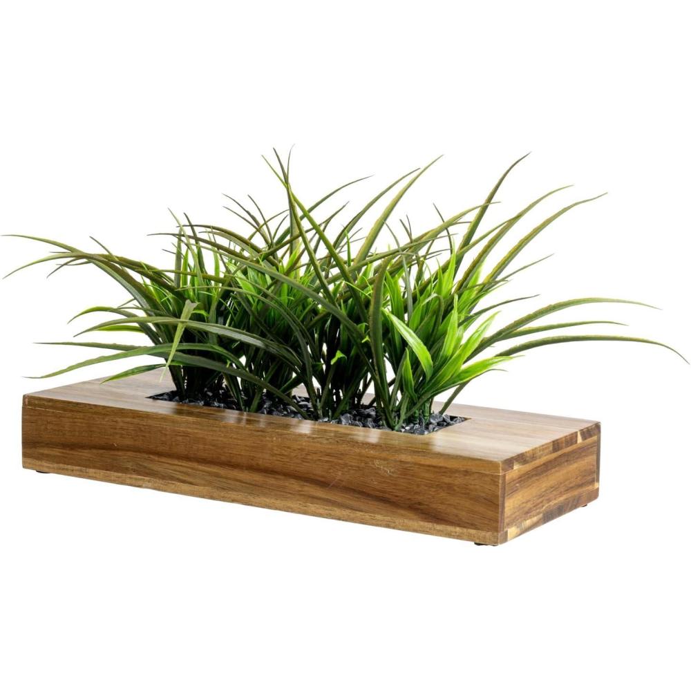 imageMyGift 10 Inch Fake Grass Artificial Plants in Rectangular Black Wood Planter Faux Plants Indoor for Tabletop Centerpiece DcorAcacia Wood