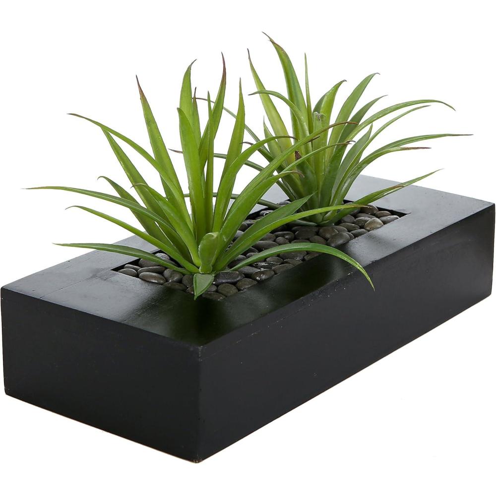 imageMyGift 10 Inch Fake Grass Artificial Plants in Rectangular Black Wood Planter Faux Plants Indoor for Tabletop Centerpiece DcorBlack