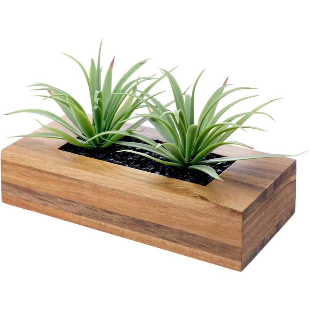 imageMyGift 10 Inch Fake Grass Artificial Plants in Rectangular Black Wood Planter Faux Plants Indoor for Tabletop Centerpiece DcorBrown