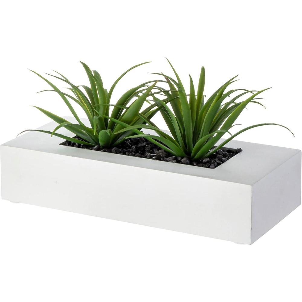 imageMyGift 10 Inch Fake Grass Artificial Plants in Rectangular Black Wood Planter Faux Plants Indoor for Tabletop Centerpiece DcorWhite