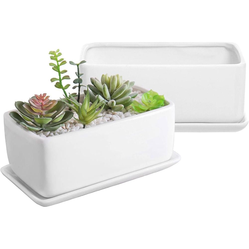 imageMyGift 10 Inch Modern Unglazed White Ceramic Indoor Plant Pot with Drainage Hole Rectangular Succulent Planter Window Box with Removable Saucer 1 Pack10 inch 2 Pack
