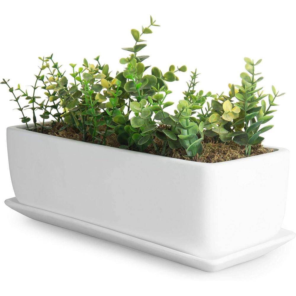 imageMyGift 10 Inch Modern Unglazed White Ceramic Indoor Plant Pot with Drainage Hole Rectangular Succulent Planter Window Box with Removable Saucer 1 Pack14 inch 1 Pack