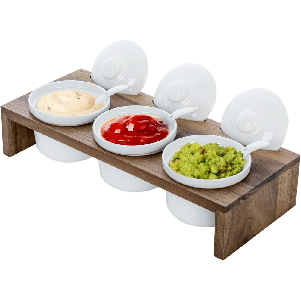 imageMyGift 10 Piece Condiment Pot Serving Set Includes Premium Solid Bamboo Wood Raised Display Server Tray and 3 Ceramic Ramekin Dip Bowls with Lids and SpoonsAcacia
