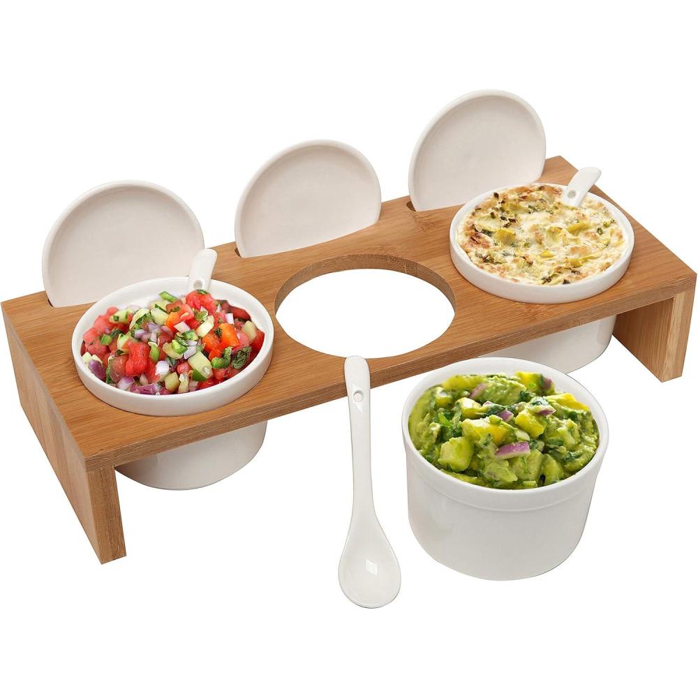 imageMyGift 10 Piece Condiment Pot Serving Set Includes Premium Solid Bamboo Wood Raised Display Server Tray and 3 Ceramic Ramekin Dip Bowls with Lids and SpoonsBamboo