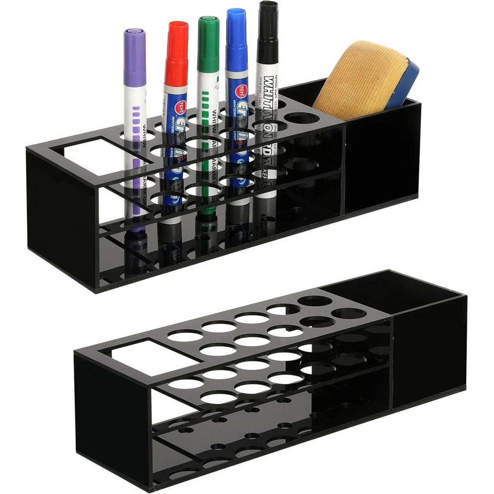 imageMyGift 10 Slot Black Acrylic Whiteboard Marker Holder Organizer Wall Mounted Storage Rack for Dry Erase Markers Eraser and Cleaning Bottle Set of 2Black Set of 2