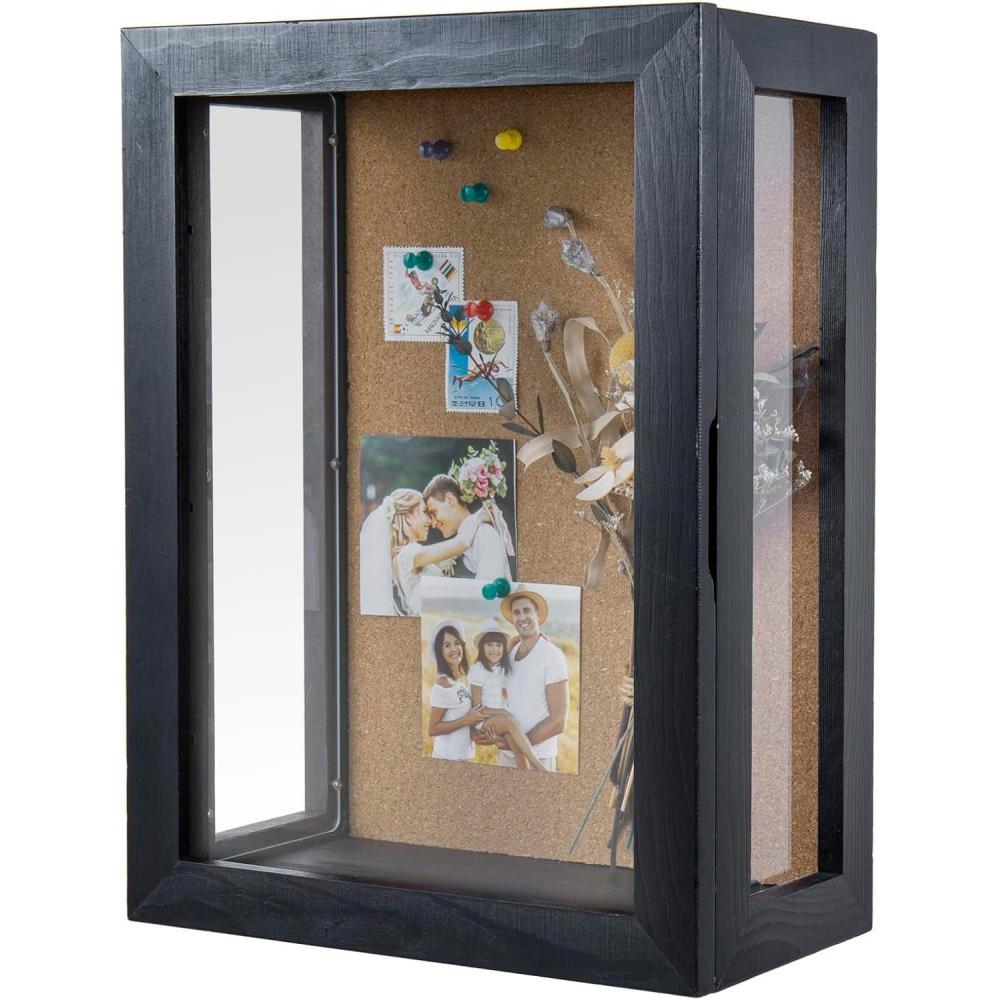 imageMyGift 11 x 15 Inch Wall Mounted Solid Wood Deep Shadow Box with Vintage Coal Black Finish and Cork Backing Premium Clear Acrylic Viewing Panels and Hinged Door Magnetic ClosureBlack
