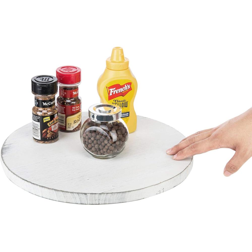 imageMyGift 128 Inch Round Rustic Torched Wood Lazy Susan Spinning Turntable Tray Rotating Wooden Countertop Spice Rack Kitchen Cabinet Organizer Home DecorVintage White