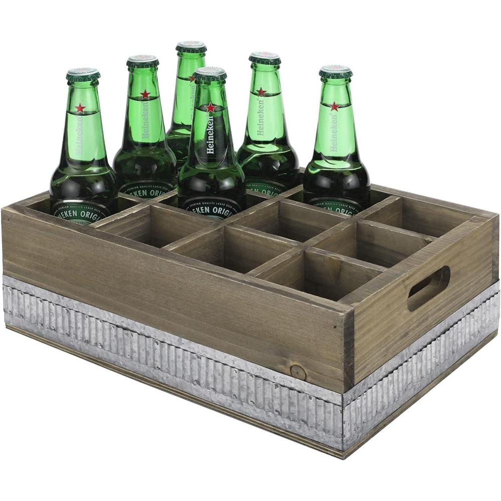 imageMyGift 12Slot Rustic Brown Wooden Beer Carrier Beer Gifts for Men Crate Style Bottle Beverage Caddy Storage Box with Galvanized Metal Accent