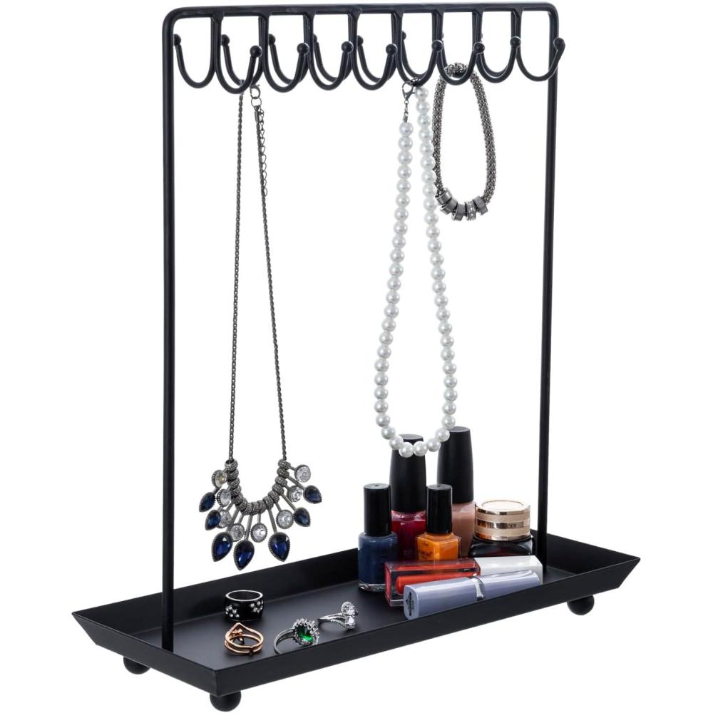 imageMyGift 14 Inch Brass Metal Jewelry Organizer Stand for Necklaces with 20 Hooks and Ring TrayBlack