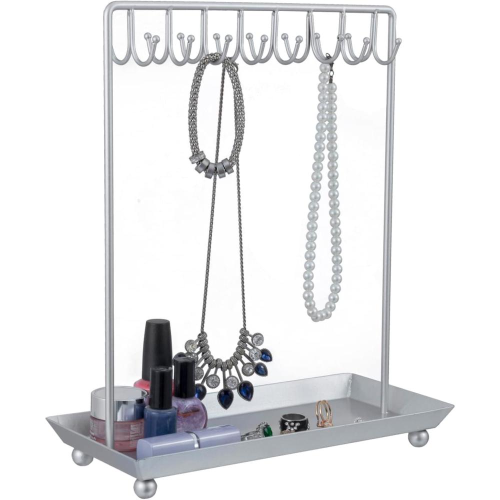 imageMyGift 14 Inch Brass Metal Jewelry Organizer Stand for Necklaces with 20 Hooks and Ring TraySilver