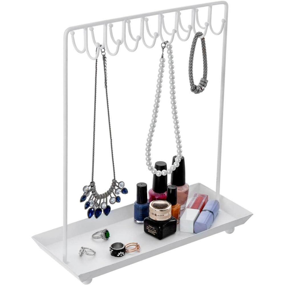 imageMyGift 14 Inch Brass Metal Jewelry Organizer Stand for Necklaces with 20 Hooks and Ring TrayWhite