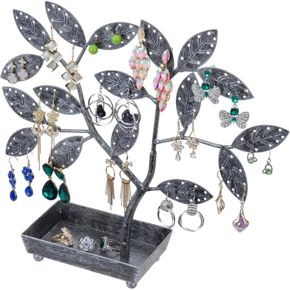 imageMyGift 14Inch Modern Bronze Jewelry Organizer Tree with Bird Nest Holds 48 Earrings Necklace ampamp Bracelet Stand Metal Tabletop Display for Rings Trinkets Decorative Storage for Home DcorSilver Metal