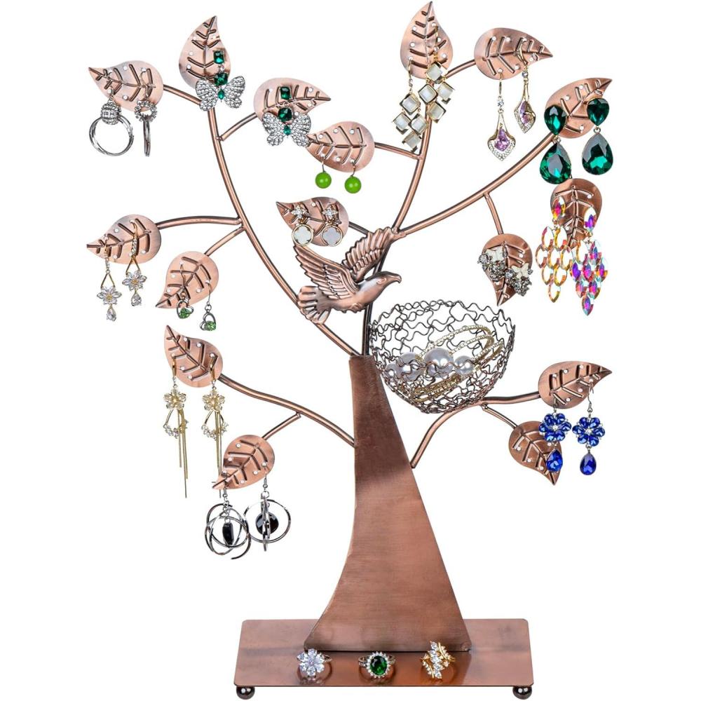 imageMyGift 14Inch Modern Bronze Jewelry Organizer Tree with Bird Nest Holds 48 Earrings Necklace ampamp Bracelet Stand Metal Tabletop Display for Rings Trinkets Decorative Storage for Home DcorBronze