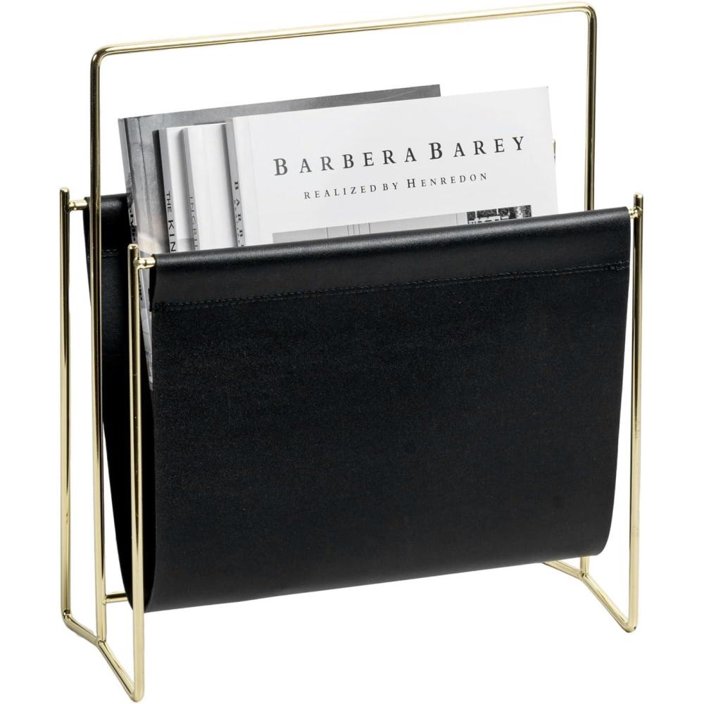 imageMyGift 15Inch Modern Brown Leatherette ampamp Brass Plated Metal Magazine Holder Floor Standing Faux Leather Sling Style Newspaper Rack for Home Bathroom Office DecorBlack