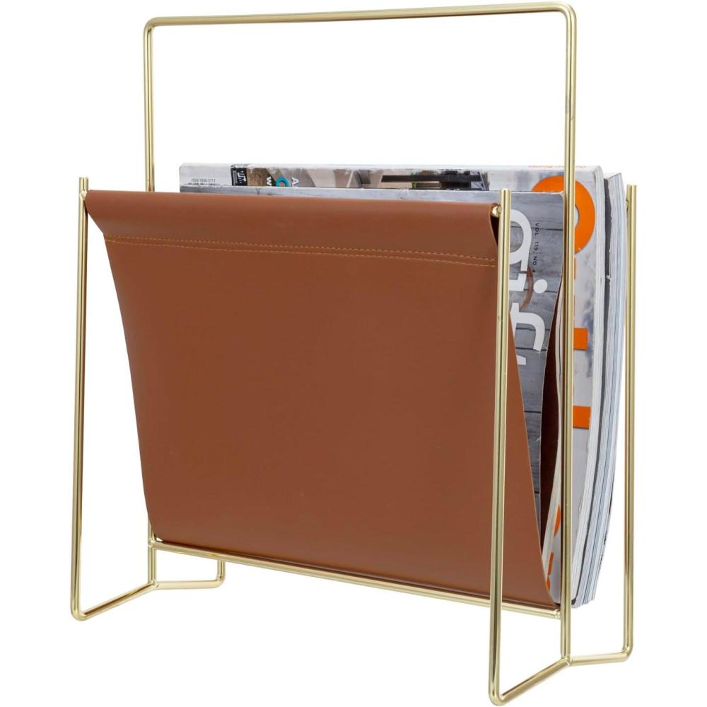 imageMyGift 15Inch Modern Brown Leatherette ampamp Brass Plated Metal Magazine Holder Floor Standing Faux Leather Sling Style Newspaper Rack for Home Bathroom Office DecorBrown
