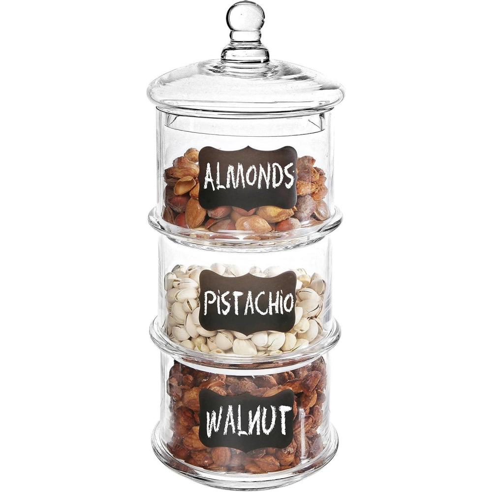 imageMyGift 16 inch Lidded 3 Tier Stackable Clear Glass Candy Dishes Apothecary Jars with Chalkboard Labels