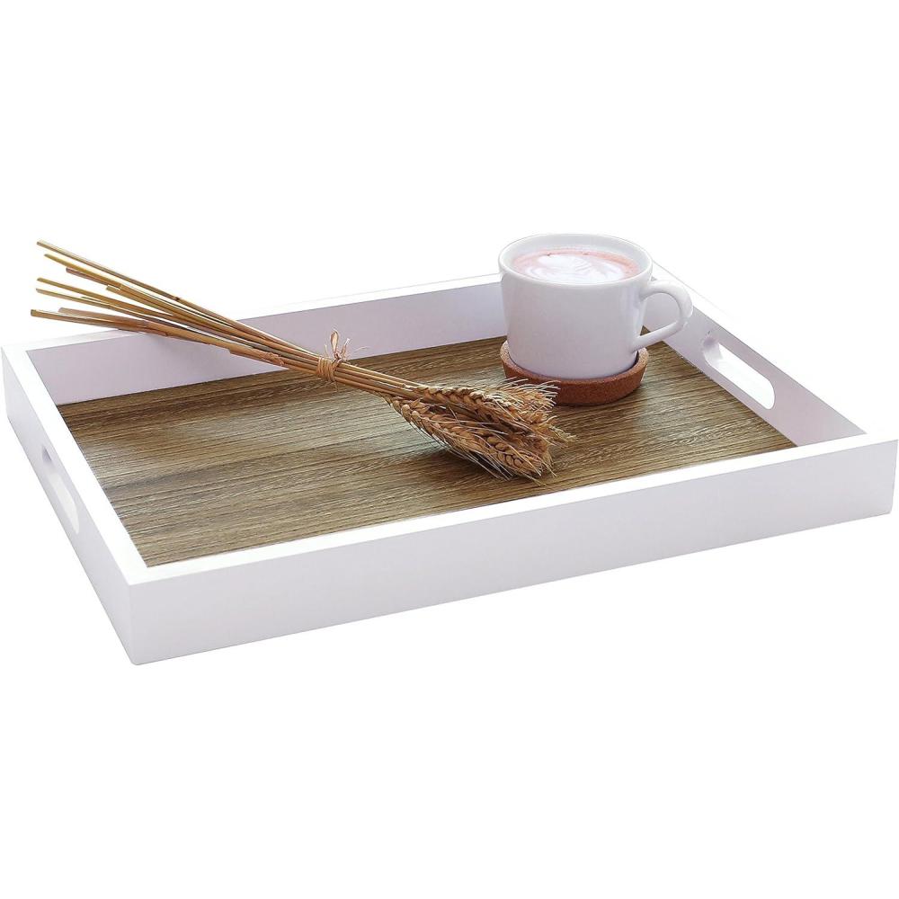 imageMyGift 165 Inch Large Decorative Serving Tray White and Natural Wood Portable Board with Cutout Handles for Breakfast in Bed Coffee Table Ottoman Decor