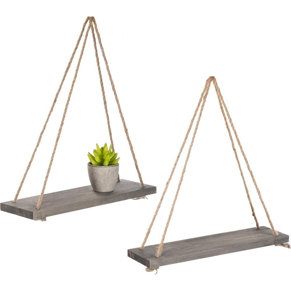 imageMyGift 17Inch Rustic Gray Wood RopeHanging Floating Shelves Set of 2