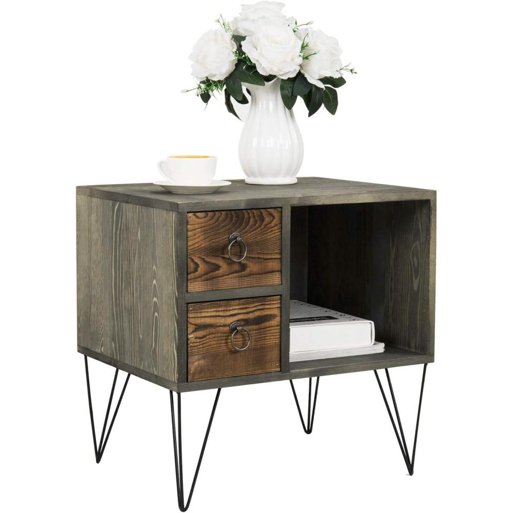 imageMyGift 19 Inch Short End Table Vintage Weathered Gray Solid Wood Bedroom Nightstand with Black Metal Legs 2 Drawers and Open Cabinet Side Table for Small Spaces