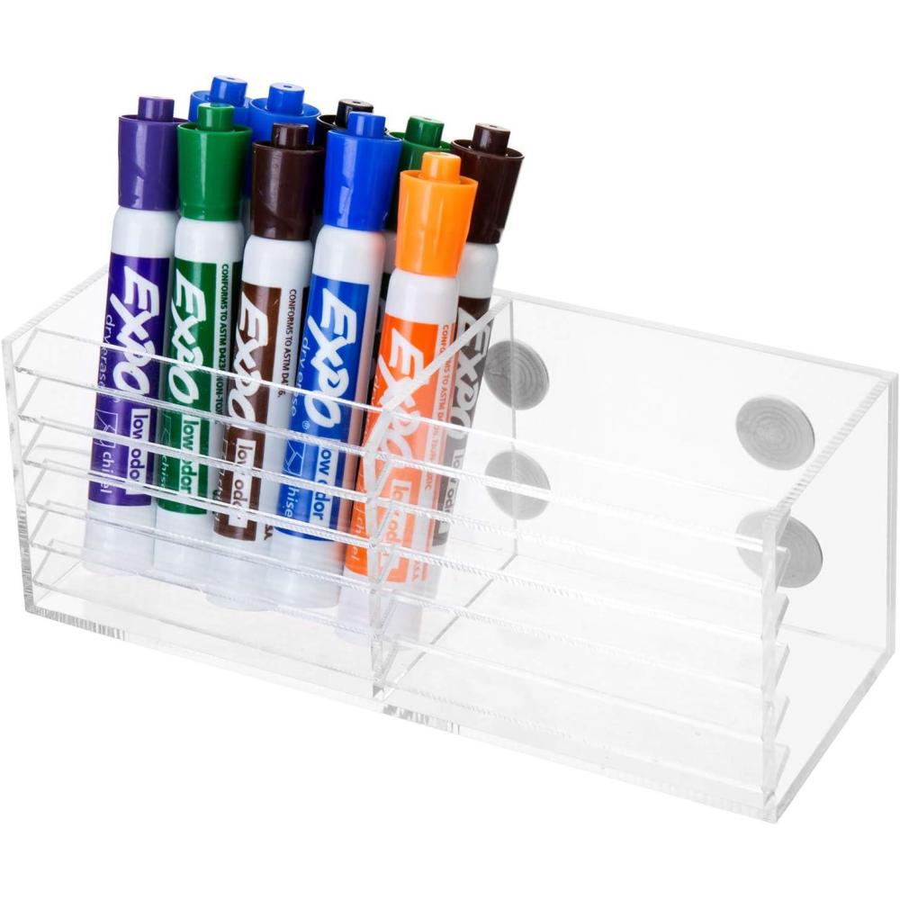 imageMyGift 2 Slot Clear Acrylic Magnetic Whiteboard Marker Holder Decorative Office Supplies Storage Bin Organizer Desktop Pencil Cup