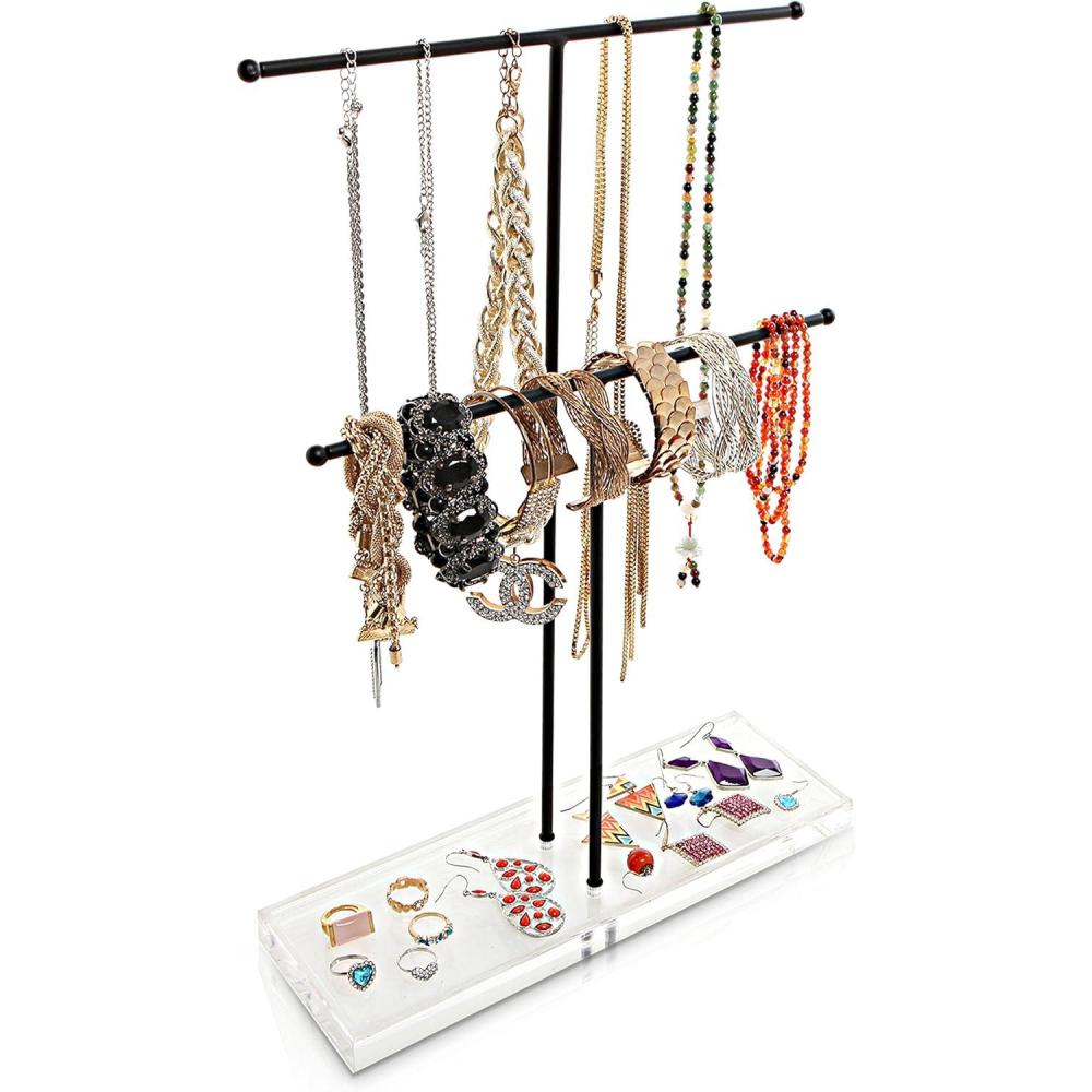 imageMyGift 2 Tier Black Metal Jewelry Storage Display Rack wClear Acrylic Ring DishNecklace ampamp Bracelet Stand