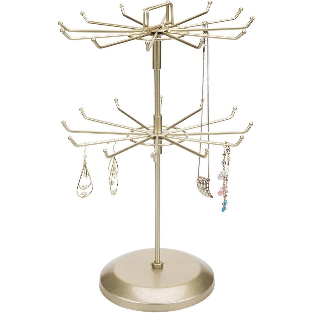 imageMyGift 2 Tier Black Metal Rotating Necklace and Bracelet Organizer Jewelry Stand with 24 Hooks Multipurpose Accessory and Keychain Spinning Display Rack with Top Handle Card HolderBrass