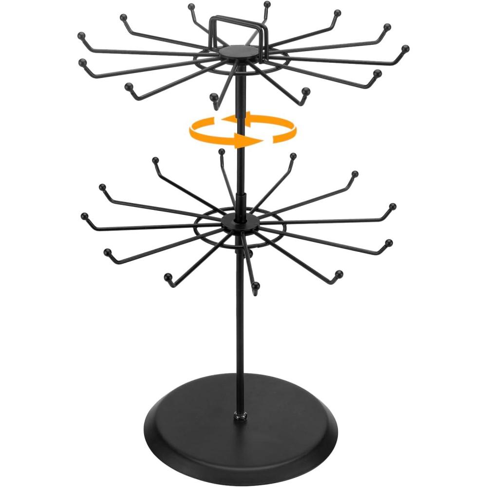 imageMyGift 2 Tier Black Metal Rotating Necklace and Bracelet Organizer Jewelry Stand with 24 Hooks Multipurpose Accessory and Keychain Spinning Display Rack with Top Handle Card HolderBlack