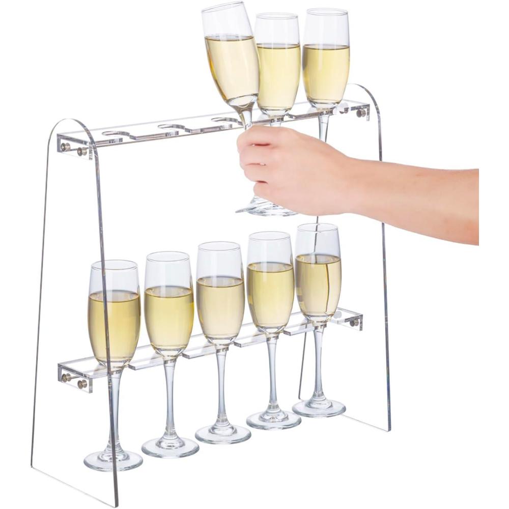 imageMyGift 2 Tier Rustic Premium Solid Acacia Wood Champagne Flute Glass Holder Stand Tabletop Party Stemware Hanging Display Rack with 10 Slots fits up to 9 Inch GlassesClear