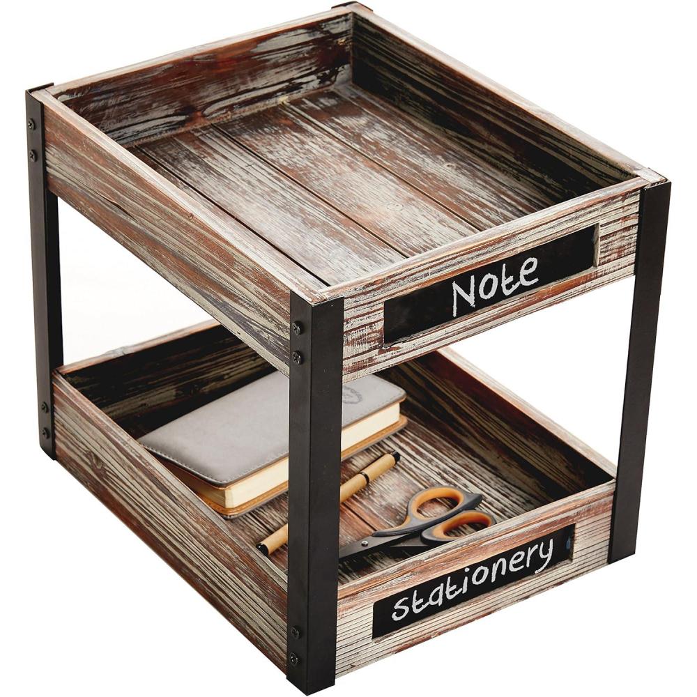 imageMyGift 2 Tier Torched Wood Desktop Document Letter Paper Tray with Metal Legs Home Office Desk File Folder and Magazine Holder Rack with Chalkboard Labels