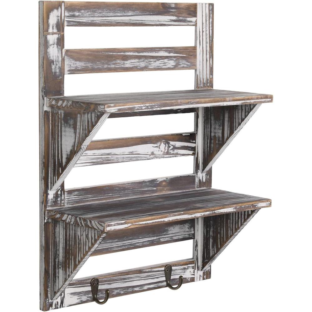 imageMyGift 2 Tier Wall Mounted Rustic Torched Wood Entryway Shelf with Key Hooks Decorative Wooden Bathroom Shelving for Toiletries Hand Towels Plant Display